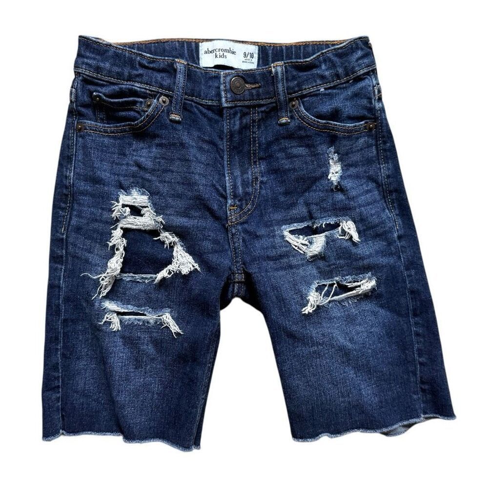 Youth Boys Abercrombie Kids Distressed Dark Rinse Denim Jean Shorts - Sz 9/10